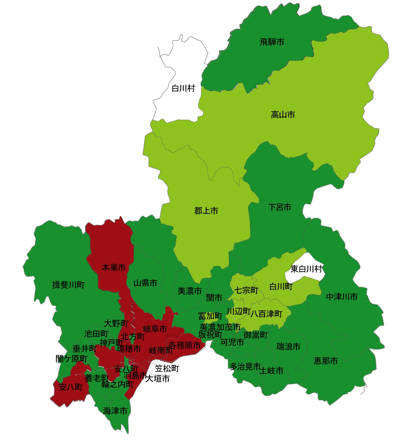犯罪遭遇率の色分け地図・岐阜県