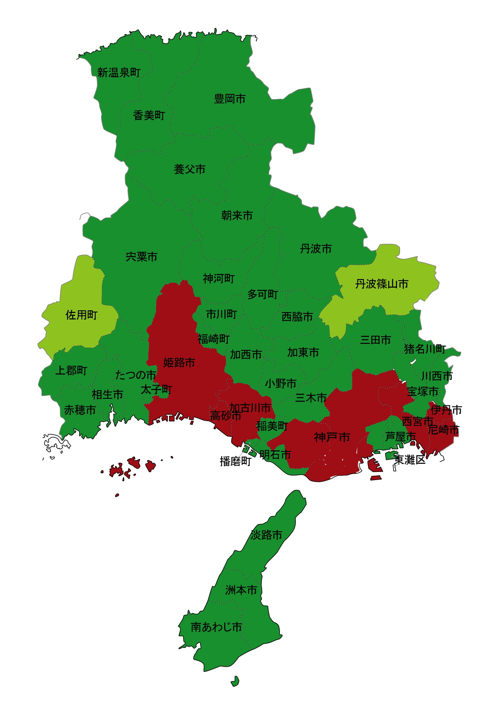 犯罪遭遇率の色分け地図・兵庫県