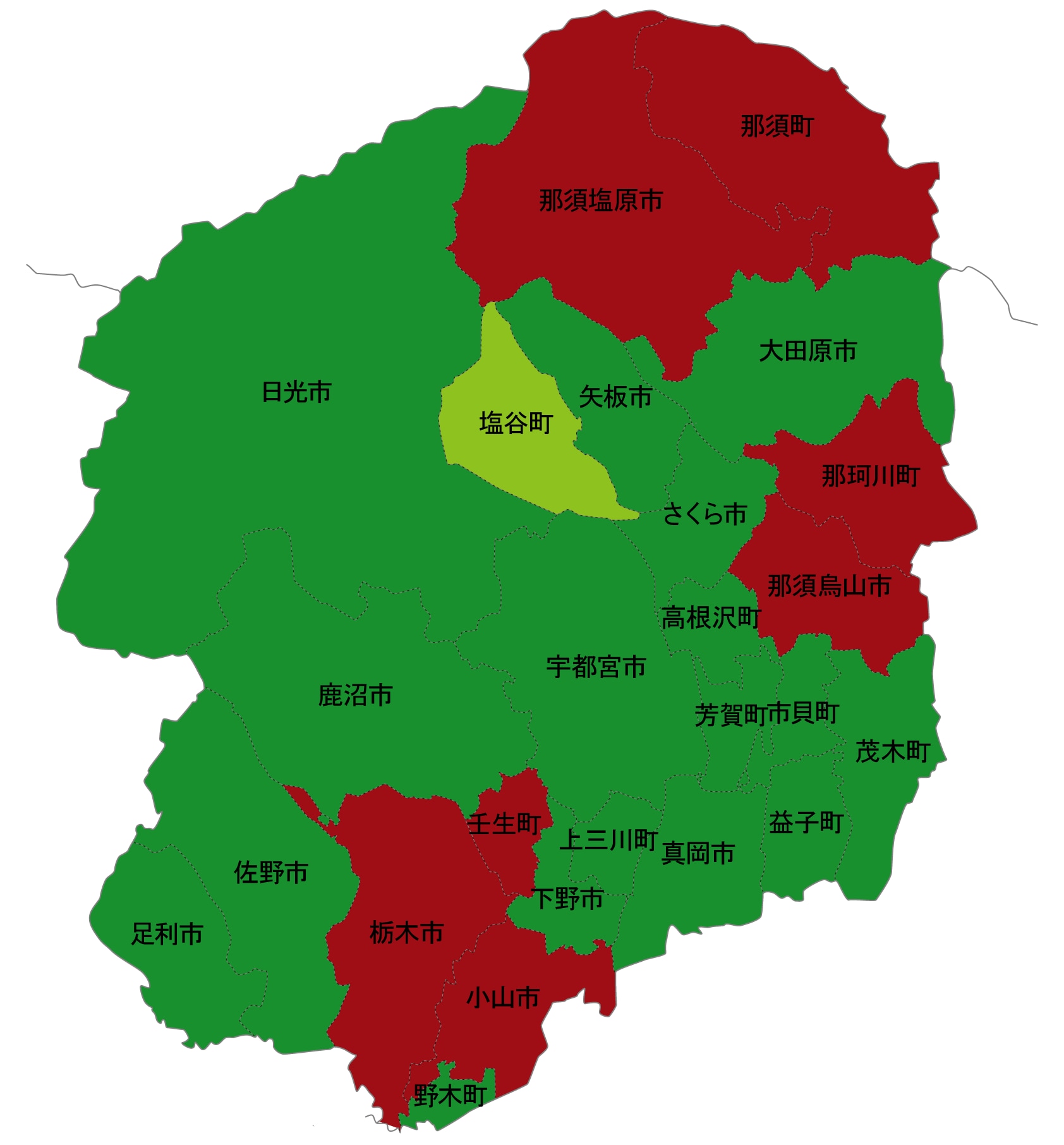 犯罪遭遇率の色分け地図・栃木県