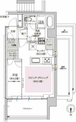 間取り：Kタイプ 1LDK + WIC + SIC（42.96㎡ ）バルコニー面積 8.76㎡ 5階／価格：4,998万円