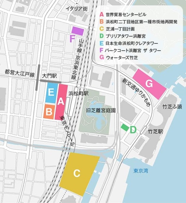 浜松町・芝浦エリアの主な再開発の位置図