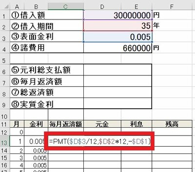 エクセルにPMT関数を入力する