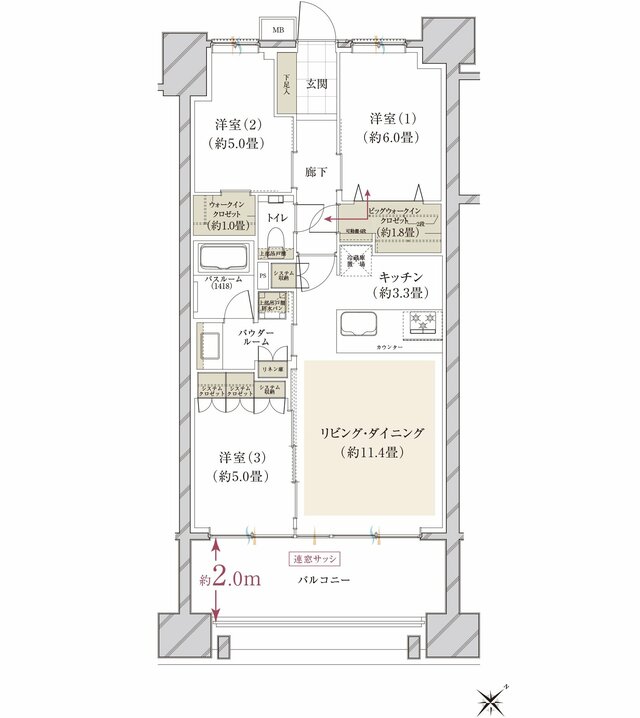Cタイプ 3LDK+ビッグウォークインクロゼット＋ウォークインクロゼット（70.68m²） 南／価格：6,198万円