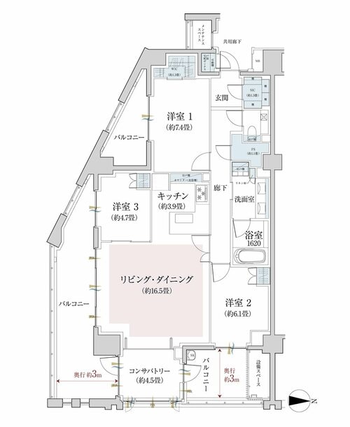 「ザ・パークハウス代々木大山レジデンス」の間取り図。間取り：E-95Aタイプ3LDK+C+WIC+SIC+FS（99.65m²） バルコニー面積 35.86m²（4階）販売価格：3億円台中盤