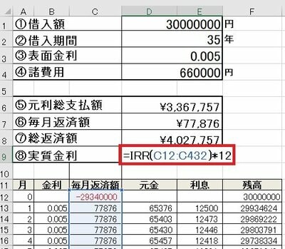 エクセルのIRR関数で、実質金利を求める