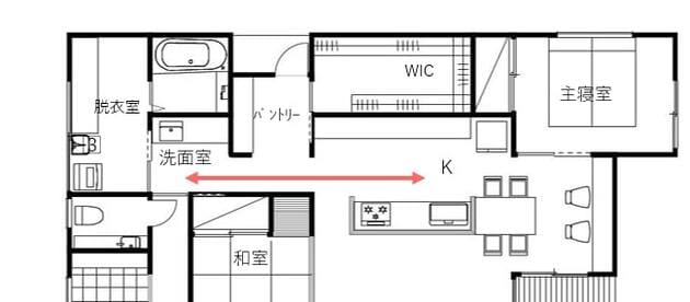 間取り改善例：キッチンと洗面室を近くに配置した例