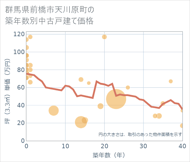 群馬県前橋市天川原町の築年数別の中古戸建て坪単価