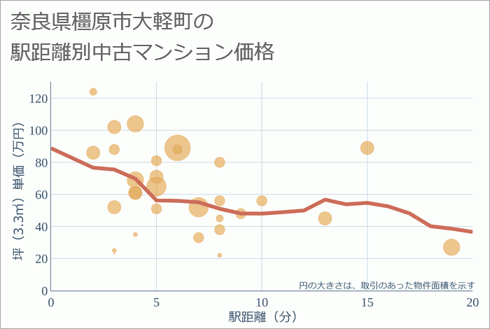 奈良県橿原市大軽町の徒歩距離別の中古マンション坪単価