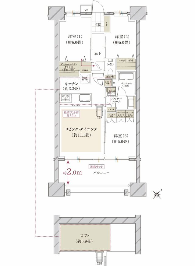 間取り：Jタイプ　3LDK+ビッグウォークインクロゼット（68.82㎡）南西／価格：5,948万円