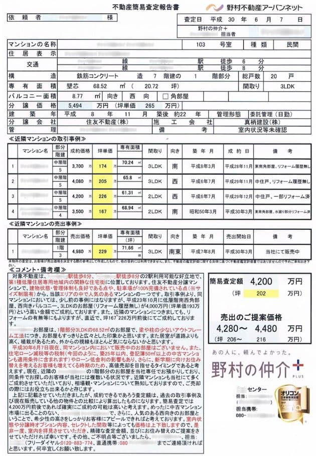 野村の仲介+の査定書
