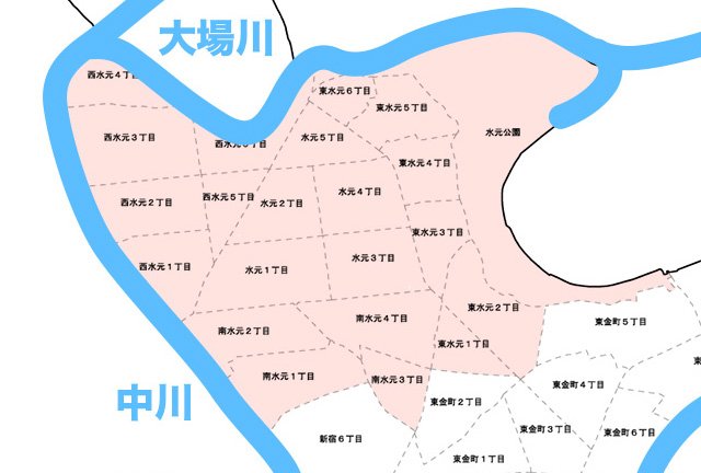 水元地域の河川と路線の位置図