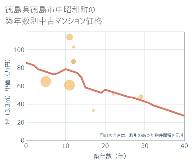 徳島県徳島市中昭和町の築年数別の中古マンション坪単価
