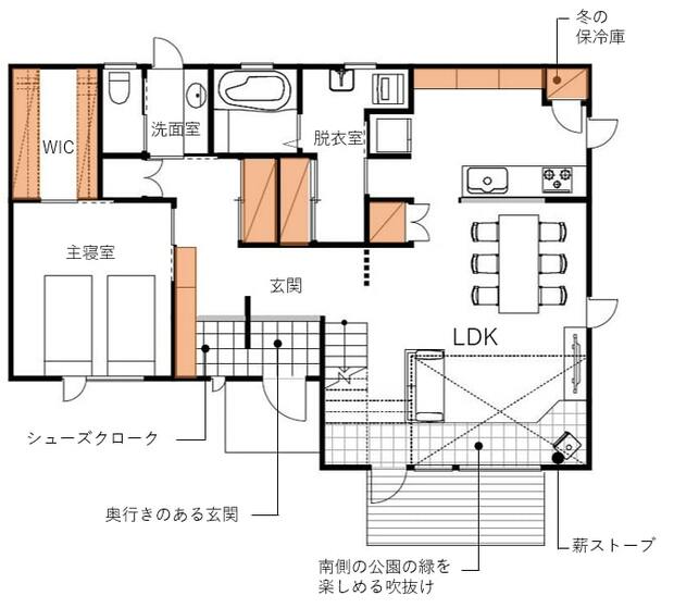 薪ストーブのある戸建て住宅の間取り図