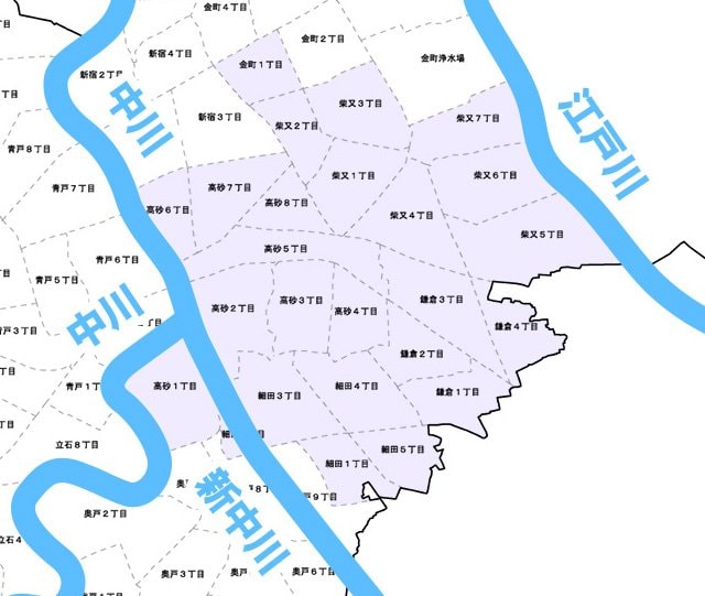 柴又・高砂地域の河川と路線の位置図