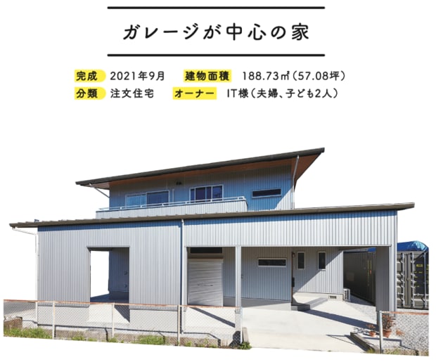 ガレージが中心の家『住んでよかった家 理想の暮らしがずっと続く15の空間』(KADOKAWA)から