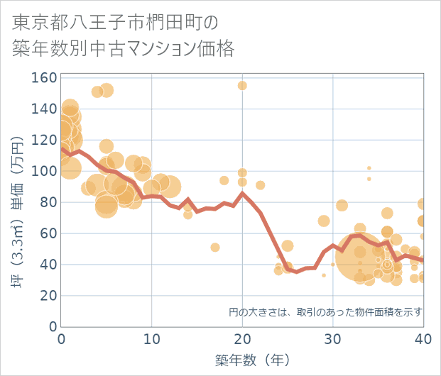 東京都八王子市椚田町の築年数別の中古マンション坪単価