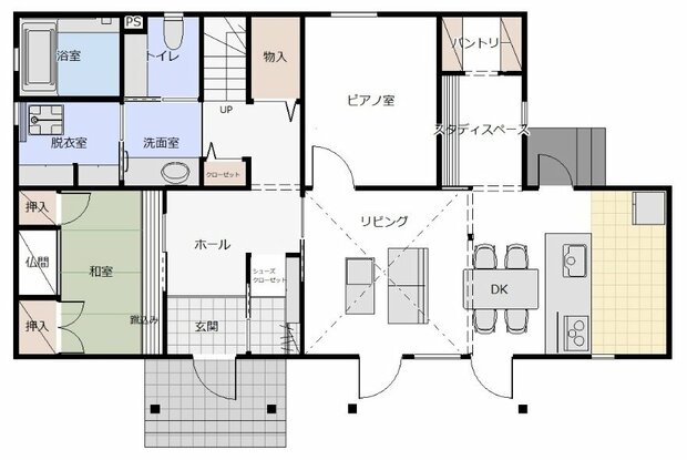 独立階段でもリビングから玄関ホールが見える間取りなら家族で挨拶しやすい