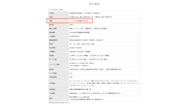 物件概要の例。「オウカス世田谷仙川」は、サ高住だとわかる。（出典：公式ホームページから）