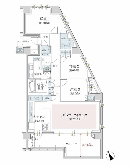 「ザ・パークハウス代々木大山レジデンス」の間取り図。S-100Aタイプ 3LDK+２WIC+SIC（100.72m²） バルコニー面積 13.38m²（3階）販売価格：3億円台後半