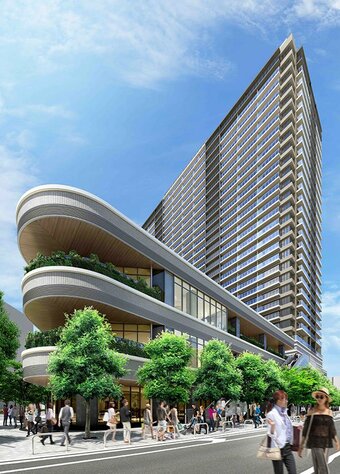 「大宮スカイ＆スクエア ザ・タワー」の外観、手前が商業施設