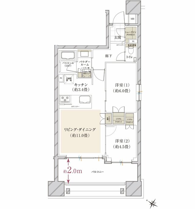 間取り：Hタイプ ２LDK＋シューズインクロゼット（57.89㎡）南西角住戸／価格：5,998万円