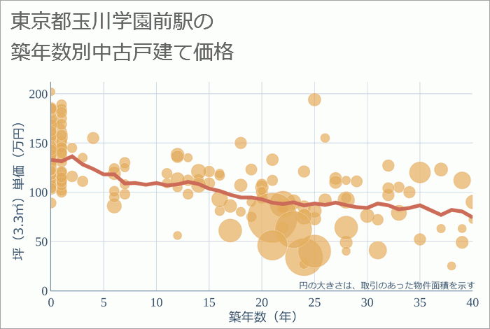 玉川学園前駅（東京都）の築年数別の中古戸建て坪単価