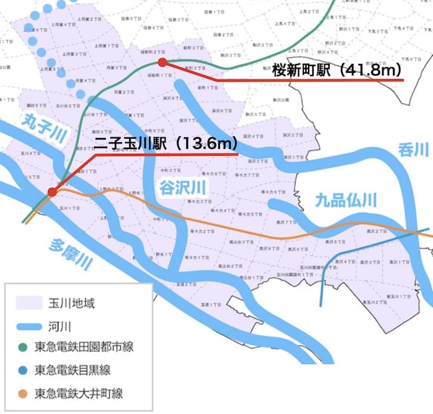 玉川地域の河川と路線の位置図
