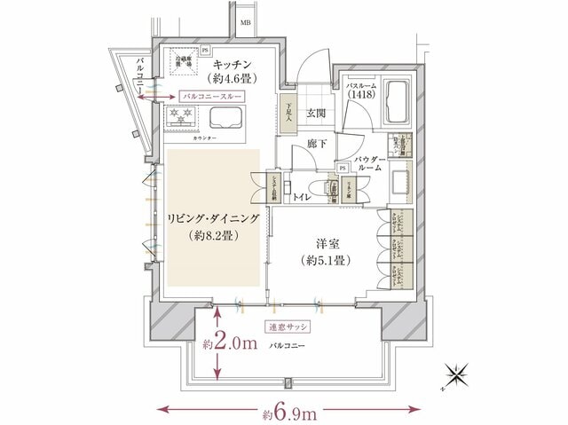 間取り：Eタイプ 1LDK（44.39㎡）南角住戸／価格：4,498万円 ※​約6.9mスパン、1418サイズのバスルーム採用
