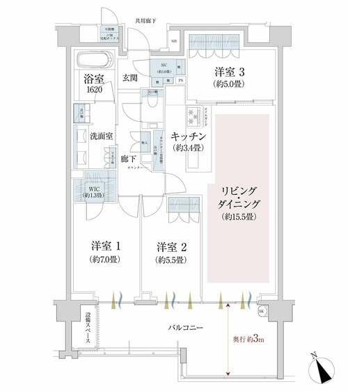 「ザ・パークハウス 代々木大山レジデンス」の間取り図。S-85Aタイプ 3LDK+N+WIC（85.26m²） バルコニー面積 18.38m²（3階）販売価格：2億円台中盤