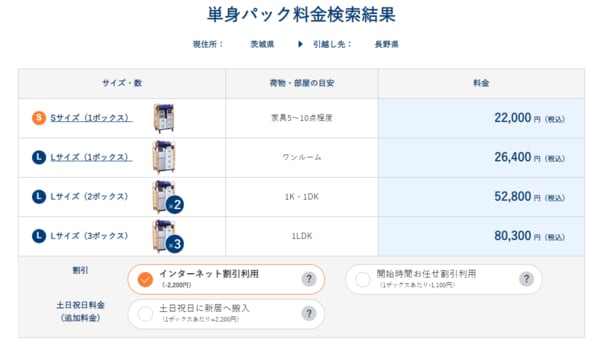 日通 単身パック 料金