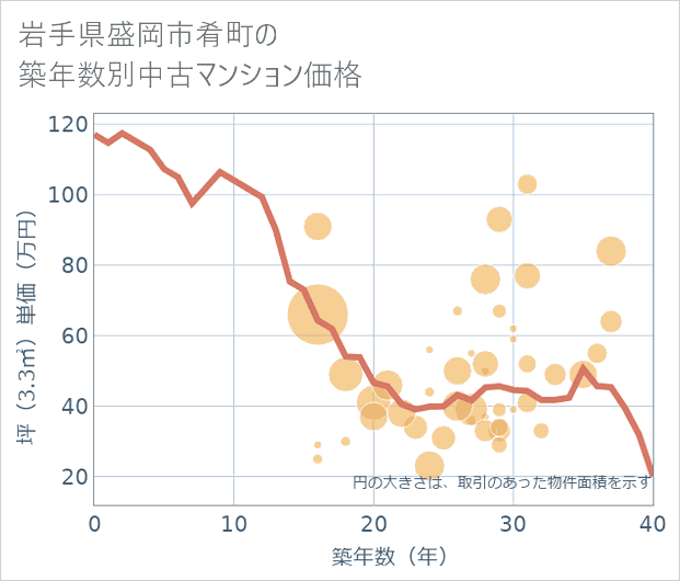 岩手県盛岡市肴町の築年数別の中古マンション坪単価