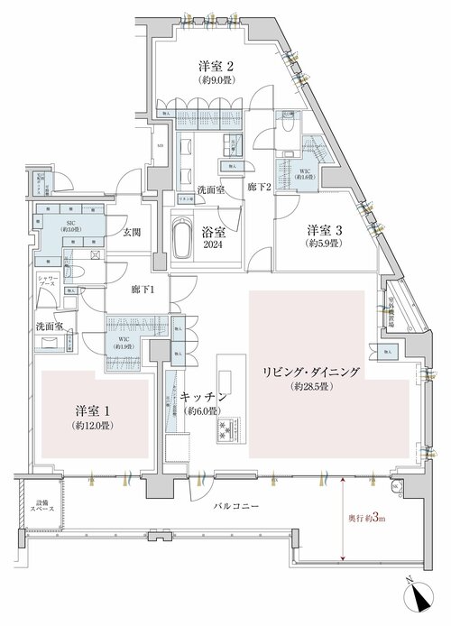 「ザ・パークハウス代々木大山レジデンス」の間取り図。間取り：S-105Aタイプ 3LDK+３WIC+SIC+FS（153.13m²） バルコニー面積 29.60m²（5階）販売価格：5億円台後半（画像出典：公式ホームページから）