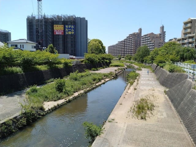 「プレミスト藤が丘」建設地と隣接する香流川（画像：筆者撮影）
