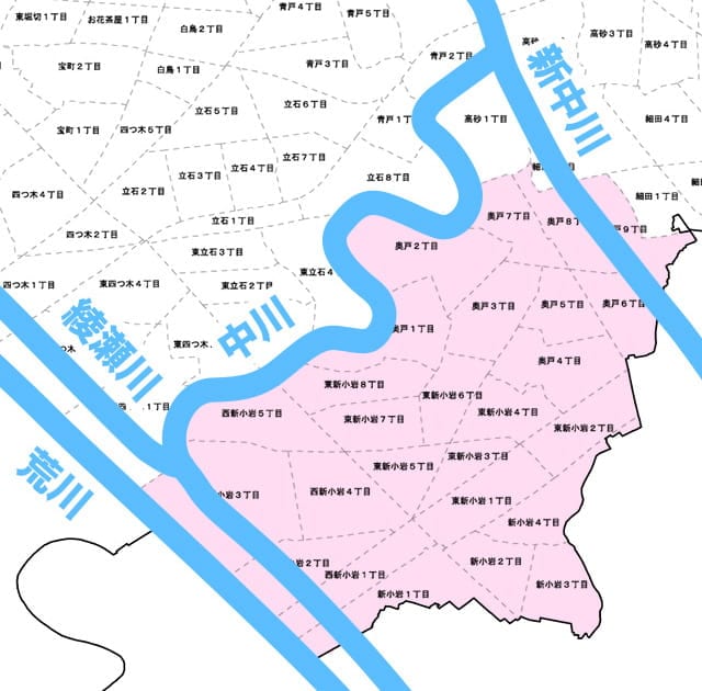 奥戸・新小岩地域の河川の位置図