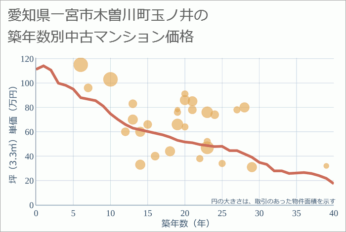 愛知県一宮市木曽川町玉ノ井の築年数別の中古マンション坪単価