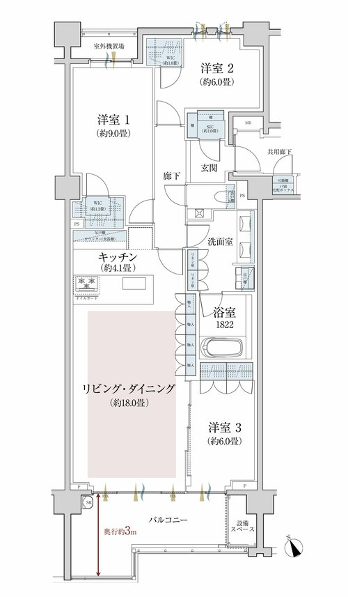 「ザ・パークハウス代々木大山レジデンス」の間取り図。S-100Aタイプ 3LDK+２WIC+SIC（100.72m²） バルコニー面積 13.38m²（3階）販売価格：3億円台後半