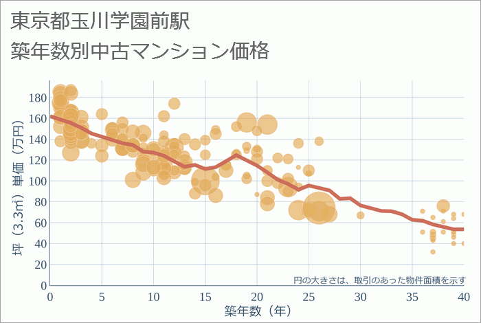 玉川学園前駅（東京都）の築年数別の中古マンション坪単価