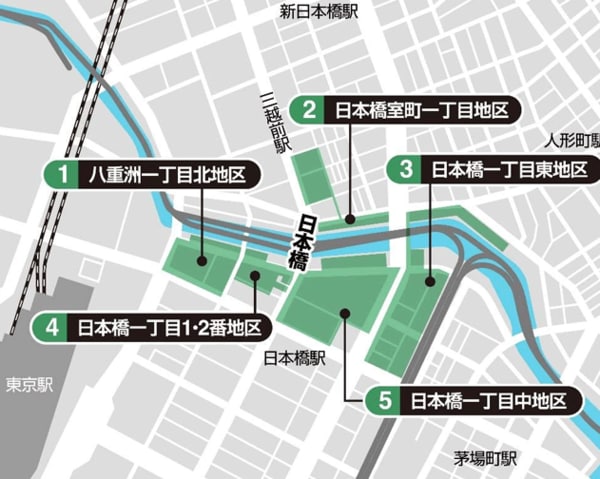 日本橋リバーウォークを構成する5つの再開発区域と周辺エリアのマップ