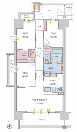 「ローレルコート大阪城公園」Aタイプ、71.61㎡、3LDＫの角住戸プラン 価格不明