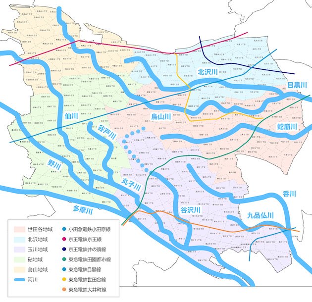 世田谷区の地域、河川、路線の位置関係図