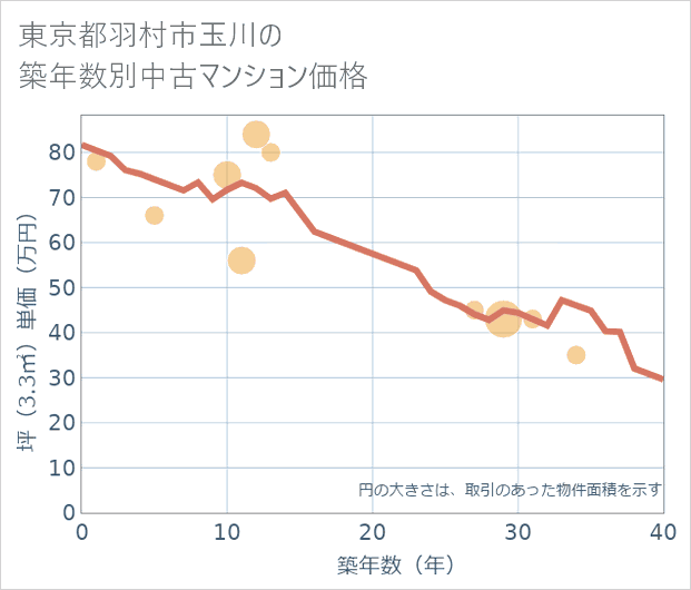 東京都羽村市玉川の築年数別の中古マンション坪単価