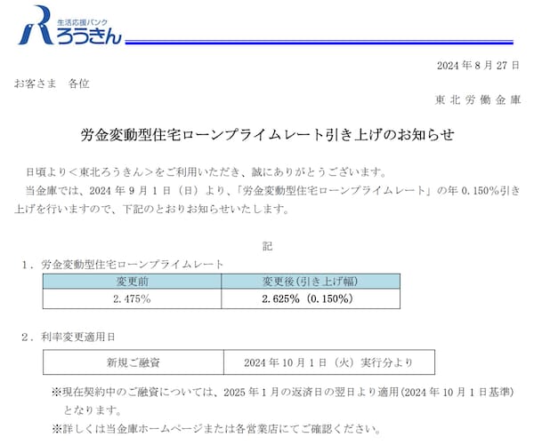 東北ろうきんの住宅ローン金利引き上げのお知らせ