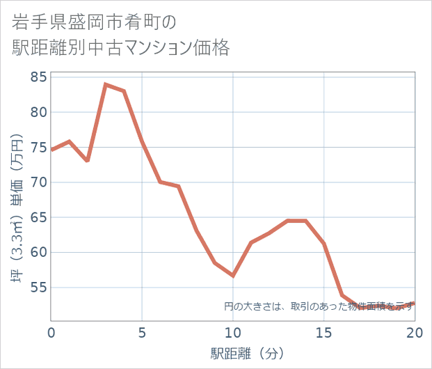 岩手県盛岡市肴町の徒歩距離別の中古マンション坪単価