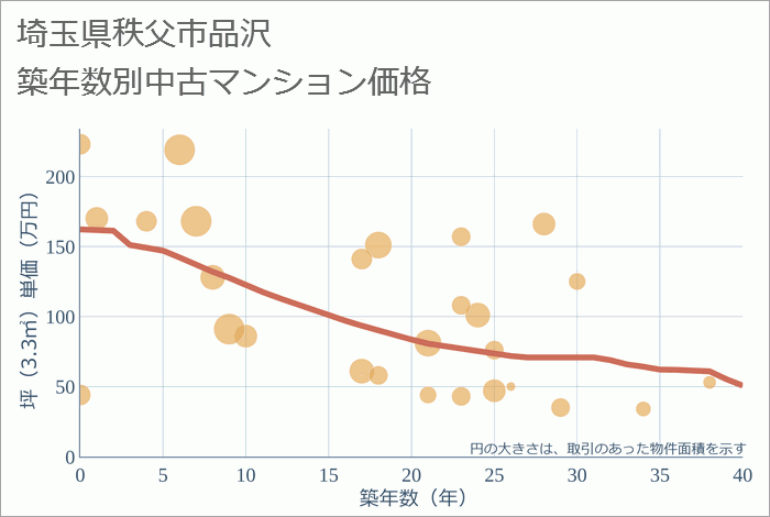 埼玉県秩父市品沢の築年数別の中古マンション坪単価