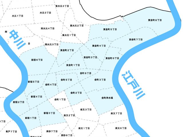 金町・新宿地域の河川と路線の位置図