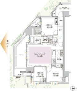 間取り：Bタイプ 3LDK+WIC（74.34㎡） バルコニー面積 11.00㎡（1階）
